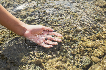 Woman's hand touching water in the midst of nature