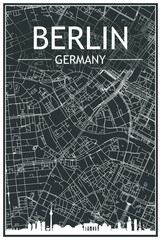 Dark printout city poster with panoramic skyline and hand-drawn streets network on dark gray background of the downtown BERLIN, GERMANY
