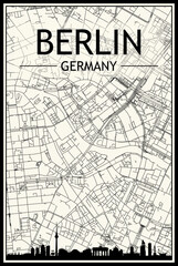 Light printout city poster with panoramic skyline and hand-drawn streets network on vintage beige background of the downtown BERLIN, GERMANY