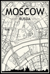 Light printout city poster with panoramic skyline and hand-drawn streets network on vintage beige background of the downtown MOSCOW, RUSSIA