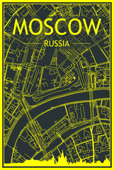 Yellow printout city poster with panoramic skyline and hand-drawn streets network on dark gray background of the downtown MOSCOW, RUSSIA