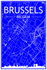 Technical drawing printout city poster with panoramic skyline and hand-drawn streets network on blue background of the downtown BRUSSELS, BELGIUM