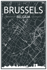 Dark printout city poster with panoramic skyline and hand-drawn streets network on dark gray background of the downtown BRUSSELS, BELGIUM