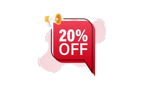 20 percent OFF Sale Discount Banner with megaphone. Discount offer price tag. 20 percent discount promotion flat icon. Motion graphics