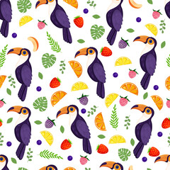 Seamless texture with tropical bird toucans, leaves, berries and fruits. Pattern vector illustration.