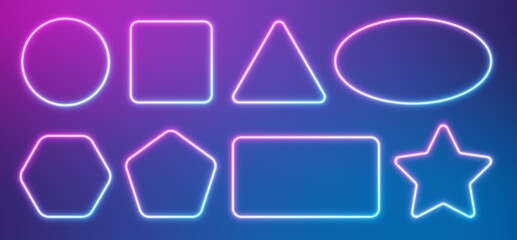 Neon frames set, gradient blue-pink borders collection. Glowing isolated elements in different shapes. Vector light effect.