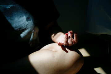 Close up of woman hand in mudra gesture practice yoga meditation
