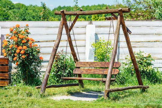 Beautiful wooden swing near the bush rose. White fence is on a background.