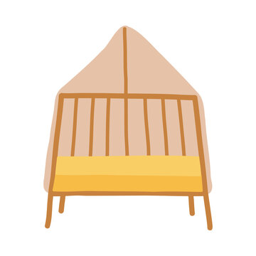 Baby Wooden Crib With Yellow Mattress In Boho Hand Drawn Style