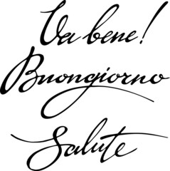 Vector set: words in italian language. Ok, hello, health. Isolated black on white. Lettering. Elements for design card, poster.