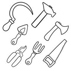 A large set of metal garden tools for pruning plants, for caring for plants, vector illustration
