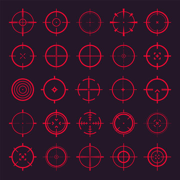 Crosshair, gun sight vector icons. Bullseye, red target or aim symbol. Military rifle scope, shooting mark sign. Targeting, aiming for a shot. Archery, hunting and sports shooting. Game UI element.