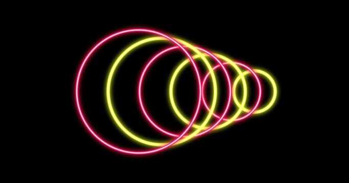 Animation of glowing pink and yellow circles over black background