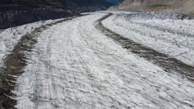 Aerial view of Great Aletsch Glacier, Alps, Switzerland. Drone footage 4K.