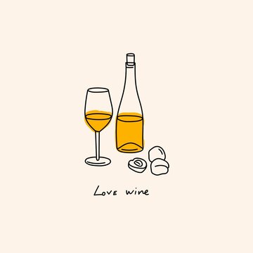 Bottle and glass of sweet or dry Wine. White wine, fruits. Traditional wine snacks. Hand drawn modern Vector illustration. Logo, icon, menu design template