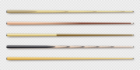 Various wooden billiard cues. Snooker sports equipment. Vintage pool cue. Active recreation and entertainment. Vector illustration