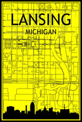 Golden printout city poster with panoramic skyline and hand-drawn streets network on yellow and black background of the downtown LANSING, MICHIGAN