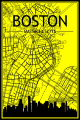 Golden printout city poster with panoramic skyline and hand-drawn streets network on yellow and black background of the downtown BOSTON, MASSACHUSETTS