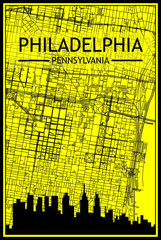 Golden printout city poster with panoramic skyline and hand-drawn streets network on yellow and black background of the downtown PHILADELPHIA, PENNSYLVANIA