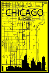 Golden printout city poster with panoramic skyline and hand-drawn streets network on yellow and black background of the downtown CHICAGO, ILLINOIS