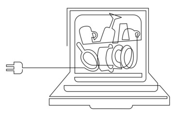 Dishwasher with open door and dishes inside. Humorous illustration. Vector continuous line drawing isolated on white background.