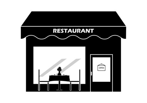 Restaurante, Restaurant. Hostelería. Símbolo en blanco  y negro de un restaurante con mesa y sillas
