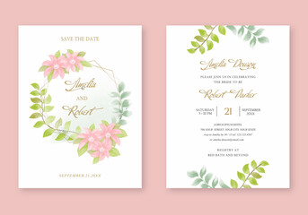 Set 2 templates of pink floral watercolor Wedding Invitation in rustic style, light blush pink flowers, gold frames, branches with green leaves and calligraphy text on white background.