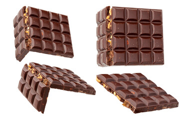 Milk chocolate. A bar of milk chocolate with nuts, broken into two pieces. Isolated on white background.