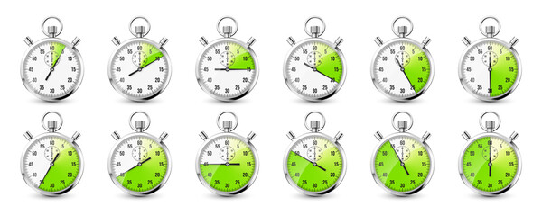 Fototapeta na wymiar Realistic classic stopwatch icons. Shiny metal chronometer time counter with dial. Green countdown timer showing minutes and seconds. Time measurement for sport, start and finish. Vector illustration