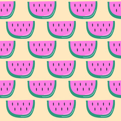 Seamless pattern with watermelons. Watermelon slices isolated on yellow background. Hand drawn style
