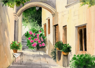 Watercolor illustration of the street of an old colorful Mediterranean town with an arched entrance, potted flowers and a flowering bush