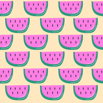 Seamless pattern with watermelons. Watermelon slices isolated on yellow background. Hand drawn style
