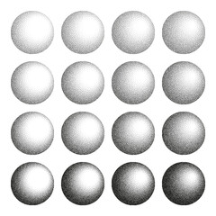 Round shaped dotted objects, stipple elements. Fading gradient. Stippling, dotwork drawing, shading using dots. Pixel disintegration, halftone effect. White noise grainy texture. Vector illustration