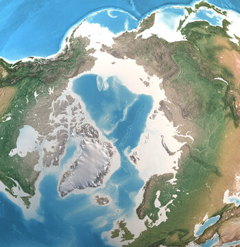 Physical map of North Pole, Arctic Ocean and Greenland, with high resolution details. Satellite view of Planet Earth. 3D illustration - Elements of this image furnished by NASA