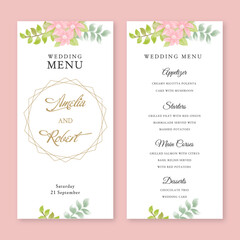 Set 2 templates of pink floral watercolor Wedding Menu in rustic style, light blush pink flowers, gold frames, branches with green leaves and calligraphy text on white background.