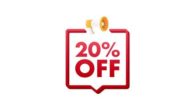 20 percent OFF Sale Discount Banner with megaphone. Discount offer price tag. 20 percent discount promotion flat icon. Motion graphics 4k
