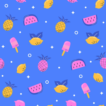 Multicoloured summer fruits seamless pattern for wallpaper, wrapping and textile. Modern colors. Lemon, ice cream, pineapple and watermelon
