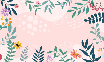 Color splash abstract background for design. Design banner frame. Colorful background with tropical plants. Place for your text.