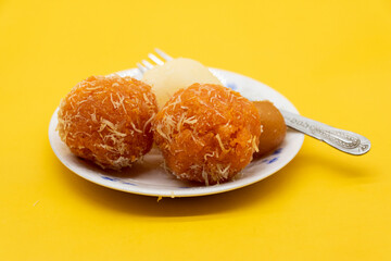 motichoor laddoo also know as bundi laddu over on white background.