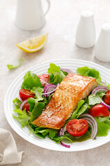 Grilled salmon fish fillet and fresh vegetable salad with tomato, red onion and lettuce