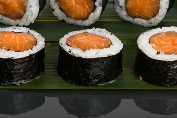 rolls with red salmon and rice, close-up