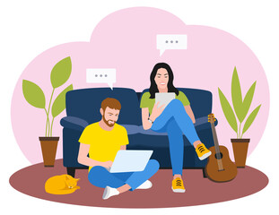 Man and woman sitting on the couch and talking through gadgets. Flat design. Vector illustration