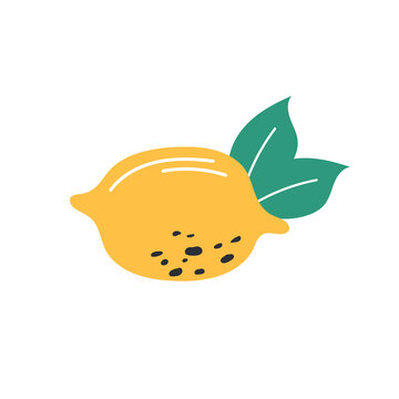 Modern vector lemon illustration. Lemon with leaves icon. Yellow lemon logo on isolated background. Hand drawn design style.