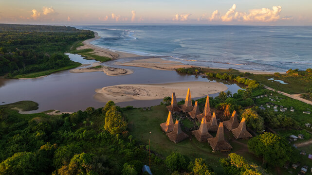 The Traditional village on Sumba island with Seascape background on bird eye view 