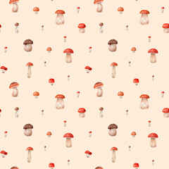Mushrooms watercolor seamless pattern. Autumn print for Wallpaper, fabric, textiles, wrapping paper and other.
