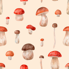 Cute watercolor seamless pattern with mushrooms on beige background