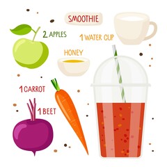 Vegetables fruits smoothie. Beet carrot apple mix drink recipe. Plastic takeaway cup with red liquid, ingredients. For menu, banner for healthy eating. Fresh energetic detox drink. Organic raw shake.