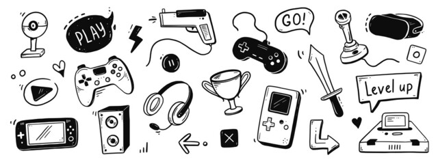 Video game hand drawn doodle set. Video gamer console, joystick, controller element. Computer retro, arcade play background. Vector illustration. © Polina Tomtosova