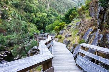 Arouca Geopark, wooden walkway on the bank of Paiva River, in the hydrographic basin of the Douro River