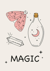 Hand drawn butterfly with moon, bottle and magic crystals. Vector illustration for tattoo design, logo or print isolated on light background	